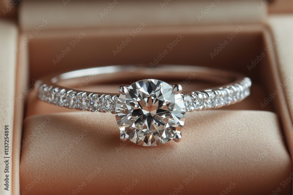 Sparkling solitaire diamond ring with pave band, nestled in its box. Perfect for engagement, proposal, or jewelry ads. Sparkling solitaire diamond ring with pave band, nestled in its box. Perfect for engagement, proposal, or jewelry ads.