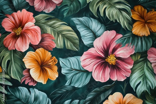 Wallpaper Mural Vibrant hibiscus flowers and tropical leaves on dark teal background. Torontodigital.ca