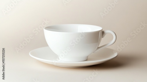 A white teacup and saucer on a cream-colored surface.