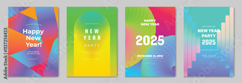 Happy New Year poster design background vector set. Celebration Modern gradient card template with vibrant geometric shape movement different. Ideal design for social media, flyer, party, ads.