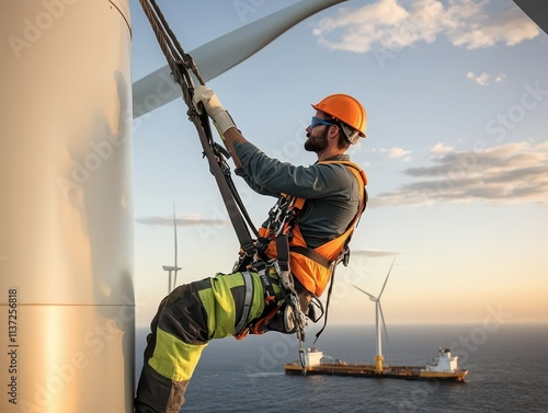 A wind turbine technician ascends a structure, wearing safety gear, against a backdrop of ocean and wind farms during sunset.