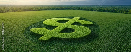 View of a crop field shaped like a giant dollar icon visible from an aerial perspective, concept of agricultural wealth and financial impact, natural earthy backdrop