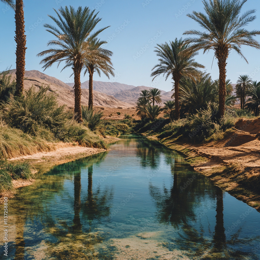 Obraz premium Serene Oasis in a Desert Landscape with Palm Trees