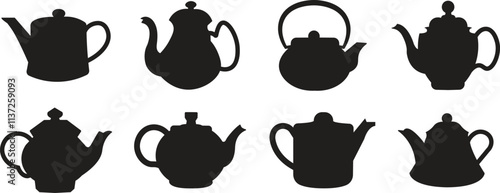 Teapot icons set in flat styles. Morning tea or coffee vectors. Household kitchenware, breakfast mascot illustration. Kettle silhouette designs graphic elements isolated on transparent background.