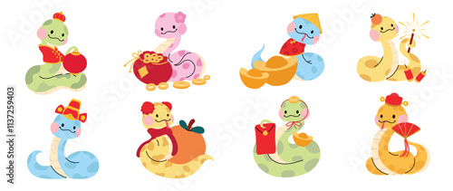 Cute funny snakes element vector set. Chinese new year symbol, happy snake character in costume, hat, coin, money. Year of the snake illustration for greeting card, sticker, calendar, background.