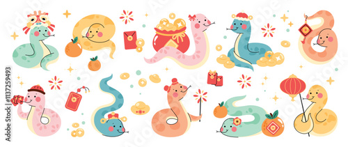 Cute funny snakes element vector set. Chinese new year symbol, happy snake character in costume, hat, coin, money. Year of the snake illustration for greeting card, sticker, calendar, background.