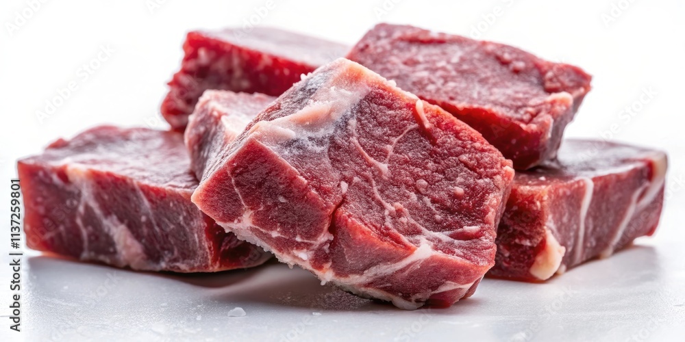 Close up of beef frozen pieces on a white background , beef, frozen, meat, pieces, food, raw, steak, ingredient Close up of beef frozen pieces on a white background , beef, frozen, meat, pieces, food, raw, steak, ingredient