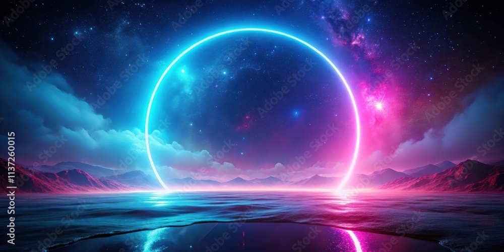 Obraz premium Cosmic landscape with neon light circle rendering, cosmic, landscape, neon light, circle, rendering, space