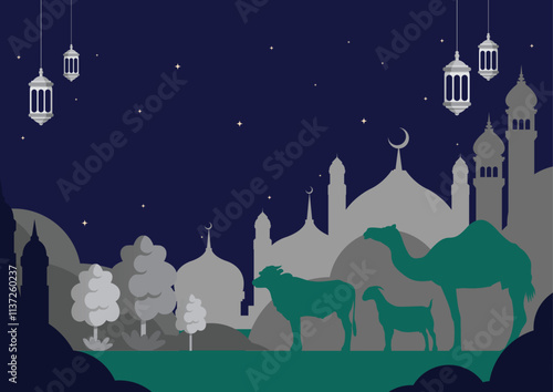 Vector art design background of Eid al-Adha, or the Festival of Sacrifice, commemorates Abraham's obedience to God. It involves the ritual sacrifice of animals, emphasizes charity, community, faith
