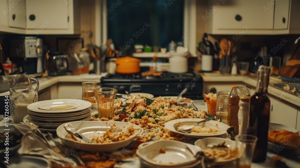 Naklejka premium Messy kitchen table after a large meal; leftover food, dirty dishes, and used glasses are scattered. Depicts the aftermath of a large gathering, showing a chaotic yet relatable scene.