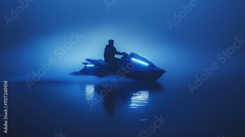 Person riding jet ski at night on calm water, illuminated by blue lights.