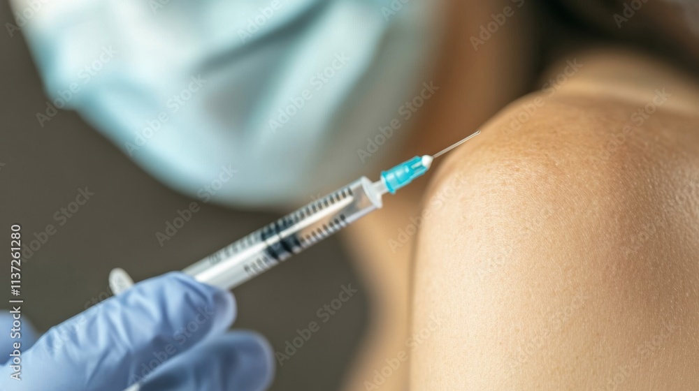 Close-up of a medical professional administering a vaccination or injection into a patient’s shoulder, highlighting the syringe and needle. Close-up of a medical professional administering a vaccination or injection into a patient’s shoulder, highlighting the syringe and needle.