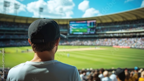 Man watching a cricket match at a stadium.