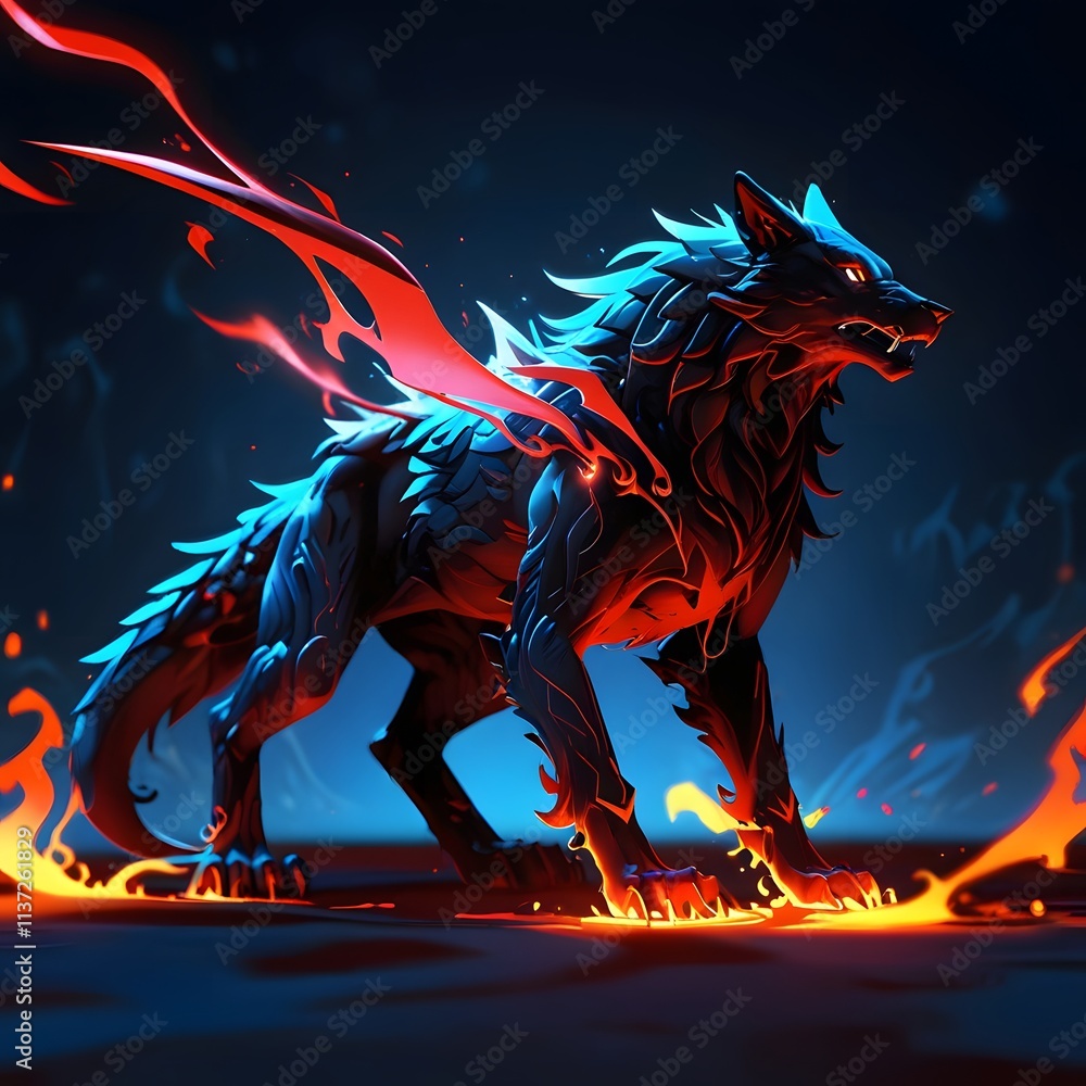 Fototapeta premium Epic fiery wolf encounter fantasy realm digital art nighttime dramatic lighting