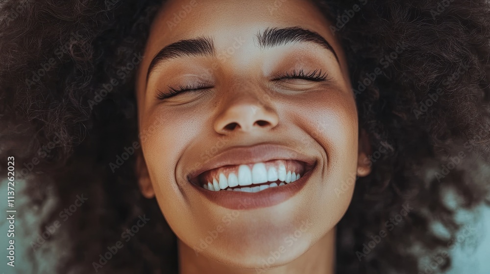 Close-up of a smiling Black woman with curly hair, eyes closed. Ideal for beauty, wellness, or joy-related projects. Close-up of a smiling Black woman with curly hair, eyes closed. Ideal for beauty, wellness, or joy-related projects.