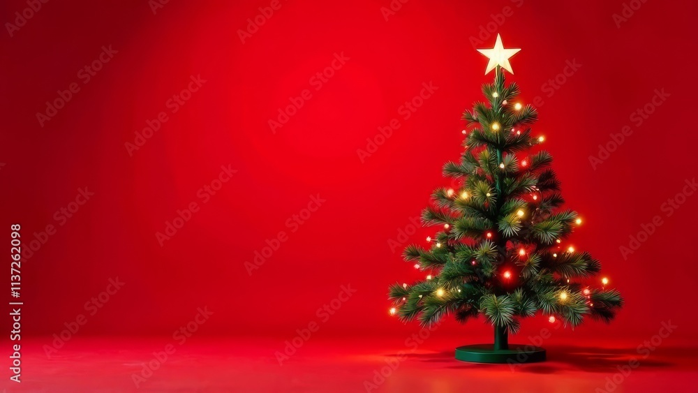 Beautifully decorated Christmas tree on red background. Warm and festive ambiance perfect for holiday greeting cards, seasonal designs or Christmas promotions, banner with copy space Beautifully decorated Christmas tree on red background. Warm and festive ambiance perfect for holiday greeting cards, seasonal designs or Christmas promotions, banner with copy space