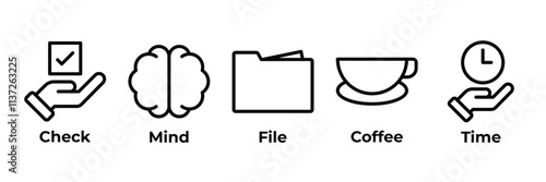 Time to Check Your Mind icon set vector illustration with icon of  check, mind, file, coffe,  and time