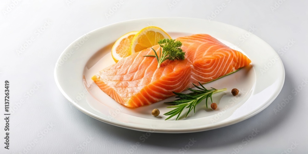 Fresh salmon steak on a white plate, salmon, steak, seafood, fresh, raw, healthy, delicious, gourmet, fillet, meal, cuisine Fresh salmon steak on a white plate, salmon, steak, seafood, fresh, raw, healthy, delicious, gourmet, fillet, meal, cuisine
