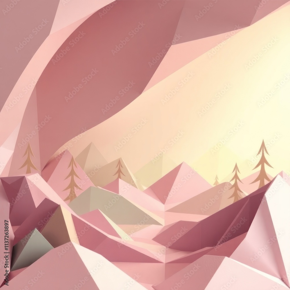 Abstract landscape featuring low-poly mountains and trees in soft pastel colors. Abstract landscape featuring low-poly mountains and trees in soft pastel colors.