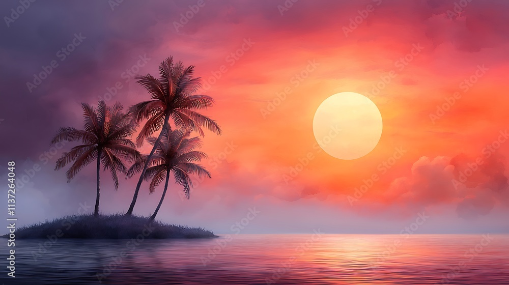 Serene sunset over tropical island with palm trees nature landscape calm waters peaceful view Serene sunset over tropical island with palm trees nature landscape calm waters peaceful view