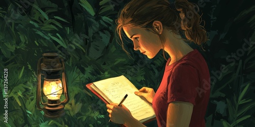 Woman Writing Journal Entry Lantern Light Jungle Night Nature Adventure Exploration Travel