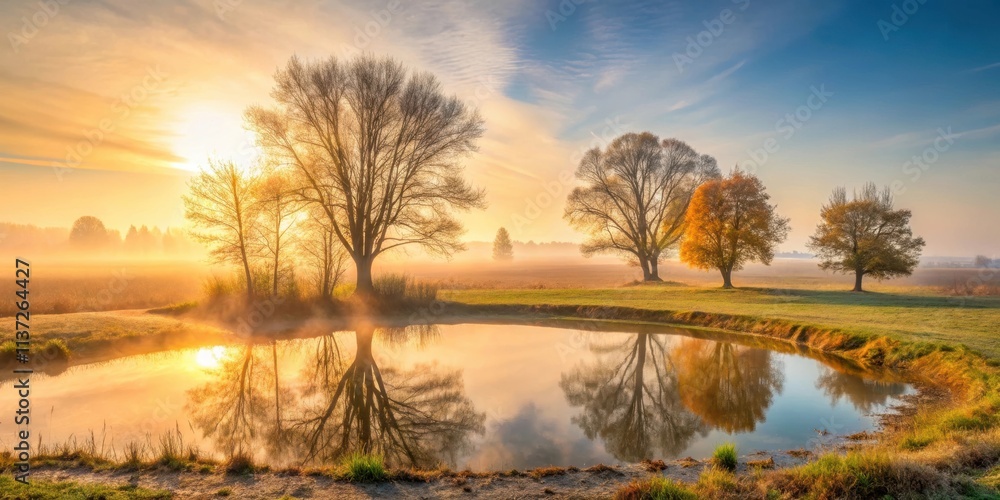 Trees on agriculture field with fog, sun reflected in small pond in Czech autumn landscape, trees, agriculture, field, fog Trees on agriculture field with fog, sun reflected in small pond in Czech autumn landscape, trees, agriculture, field, fog