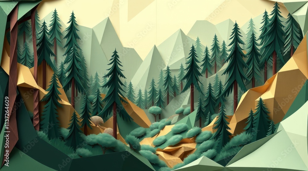 Abstract low-poly landscape featuring trees, mountains, and a serene valley. Abstract low-poly landscape featuring trees, mountains, and a serene valley.