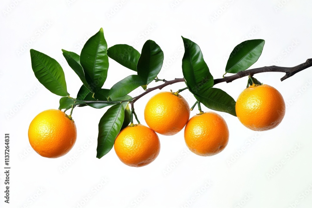Ripe oranges hanging on a brown branch with green leaves against a white background, creating a fresh, vibrant mood Ripe oranges hanging on a brown branch with green leaves against a white background, creating a fresh, vibrant mood