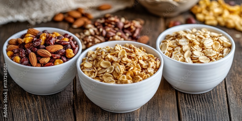 Three Bowls of Cereal and Nuts Arranged on a Rustic Wooden Table Surrounded by Various Ingredients and Textures Three Bowls of Cereal and Nuts Arranged on a Rustic Wooden Table Surrounded by Various Ingredients and Textures