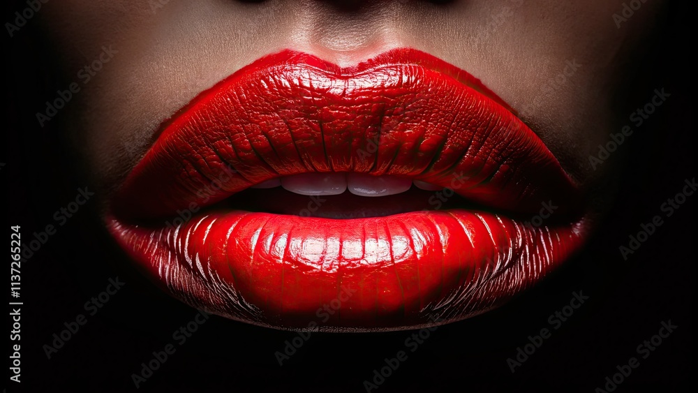 Fototapeta premium Close-up of luscious red lips, sensuously lit in low light; a high-resolution beauty shot against a dark backdrop.