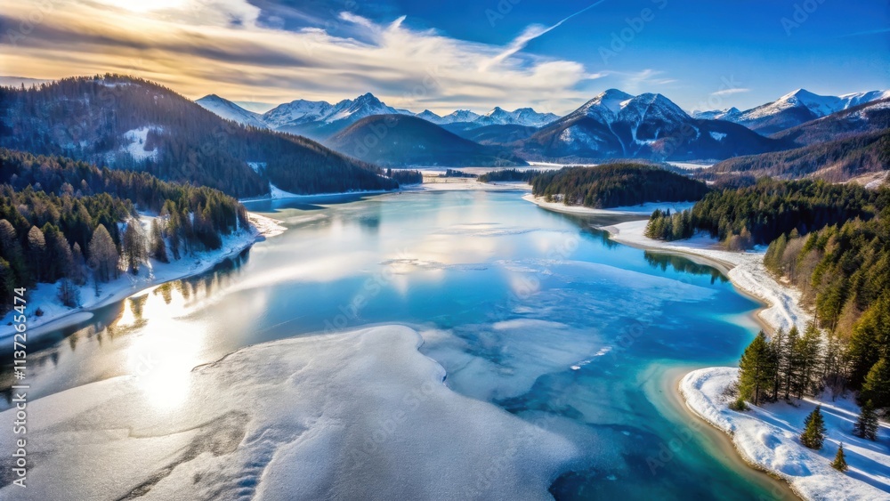 Aerial view of a frozen mountain lake in winter, mountain, lake, aerial view, winter, snow, icy, cold, tranquil, scenic Aerial view of a frozen mountain lake in winter, mountain, lake, aerial view, winter, snow, icy, cold, tranquil, scenic