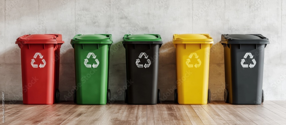 Colorful row of vibrant recycling bins against white wall with recycling symbols on lids, different shapes and sizes