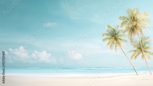 Digital art of tranquil tropical beach scene with palm trees and ocean horizon aerial view