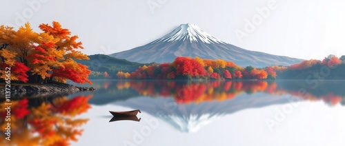 Serene autumn landscape with a mountain and calm lake reflecting vibrant foliage.