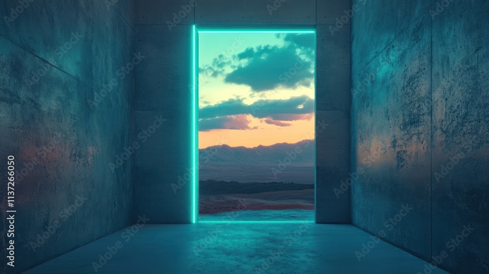 Neon Gateway to a Serene Desert Sunset: A Futuristic Portal to Tranquility and Escape Neon Gateway to a Serene Desert Sunset: A Futuristic Portal to Tranquility and Escape