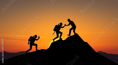 Silhouette of hikers helping each other climb a mountain at sunset.