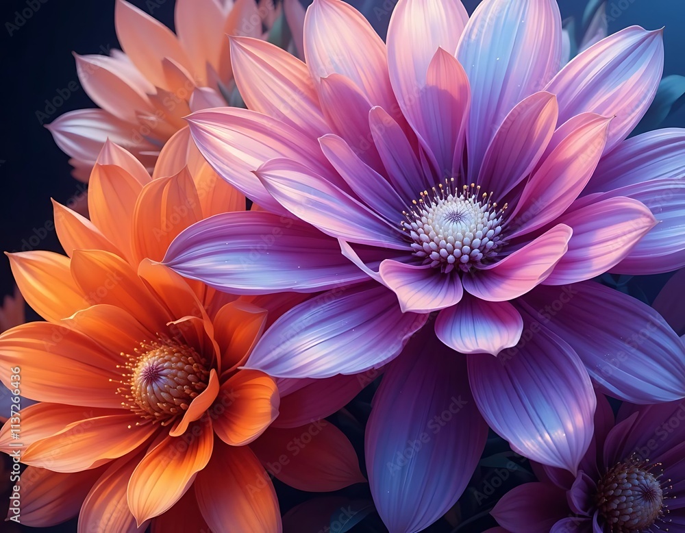 Obraz premium illustration of flowers with a gradient of colors from soft pinks to fiery oranges and deep purples