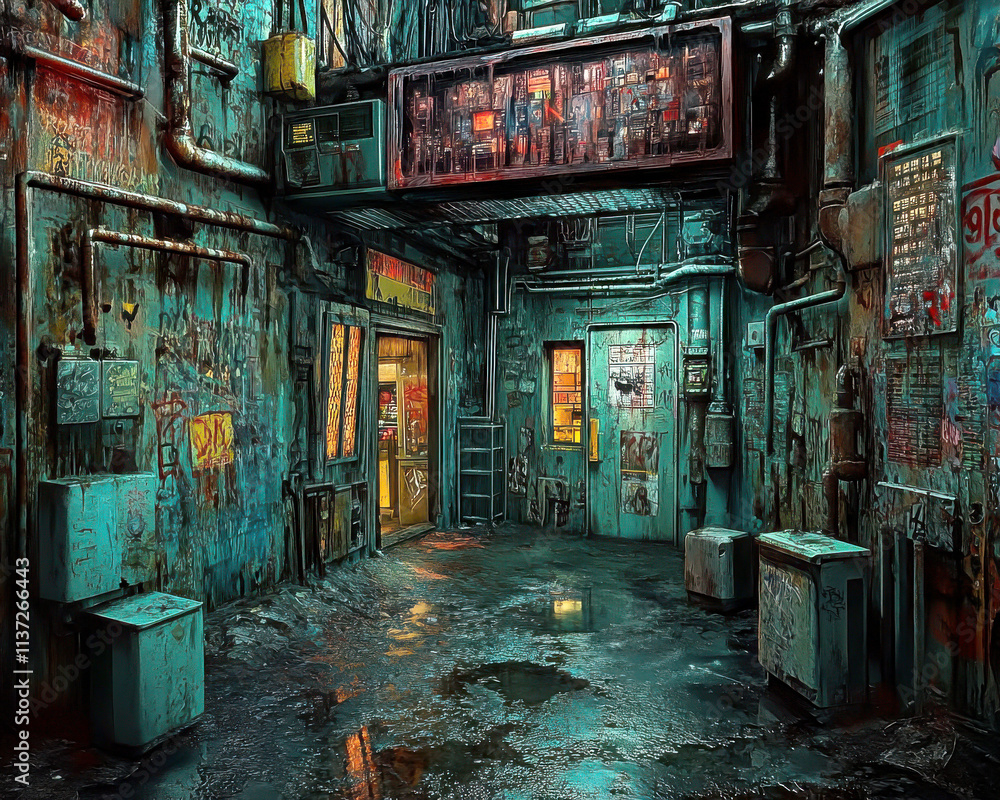 Fototapeta premium A gritty urban alleyway with vibrant graffiti and dim lighting.
