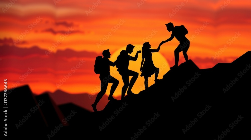 Silhouetted hikers assist each other against a vibrant sunset backdrop. Silhouetted hikers assist each other against a vibrant sunset backdrop.