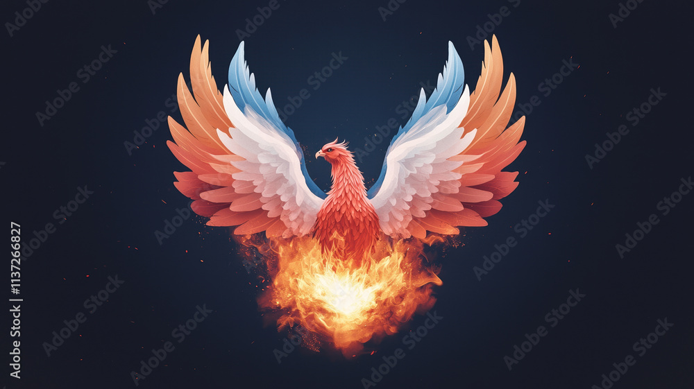 majestic phoenix rising from glowing embers, symbolizing rebirth and transformation. Its vibrant wings display stunning blend of colors, evoking sense of hope and renewal majestic phoenix rising from glowing embers, symbolizing rebirth and transformation. Its vibrant wings display stunning blend of colors, evoking sense of hope and renewal