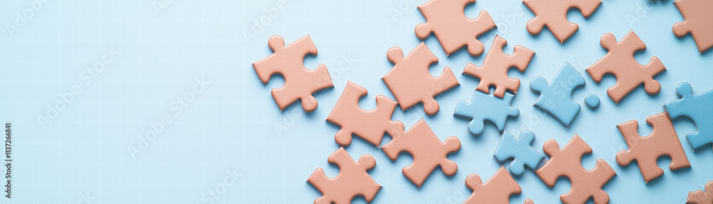 Puzzle pieces scattered on light blue background, showcasing various shapes and colors, creating playful and engaging atmosphere Puzzle pieces scattered on light blue background, showcasing various shapes and colors, creating playful and engaging atmosphere