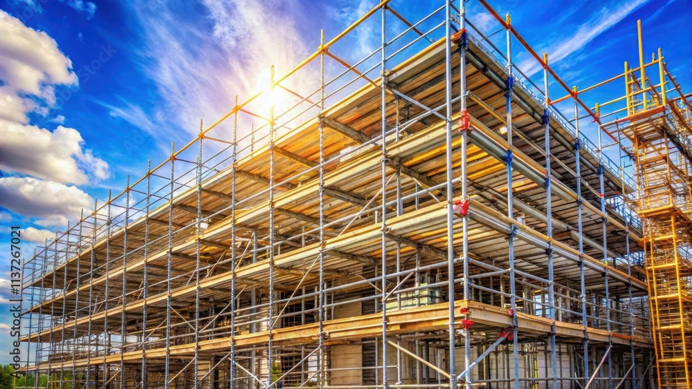 A scaffolding on a rehabilitation construction site, construction, renovation, building, structure A scaffolding on a rehabilitation construction site, construction, renovation, building, structure