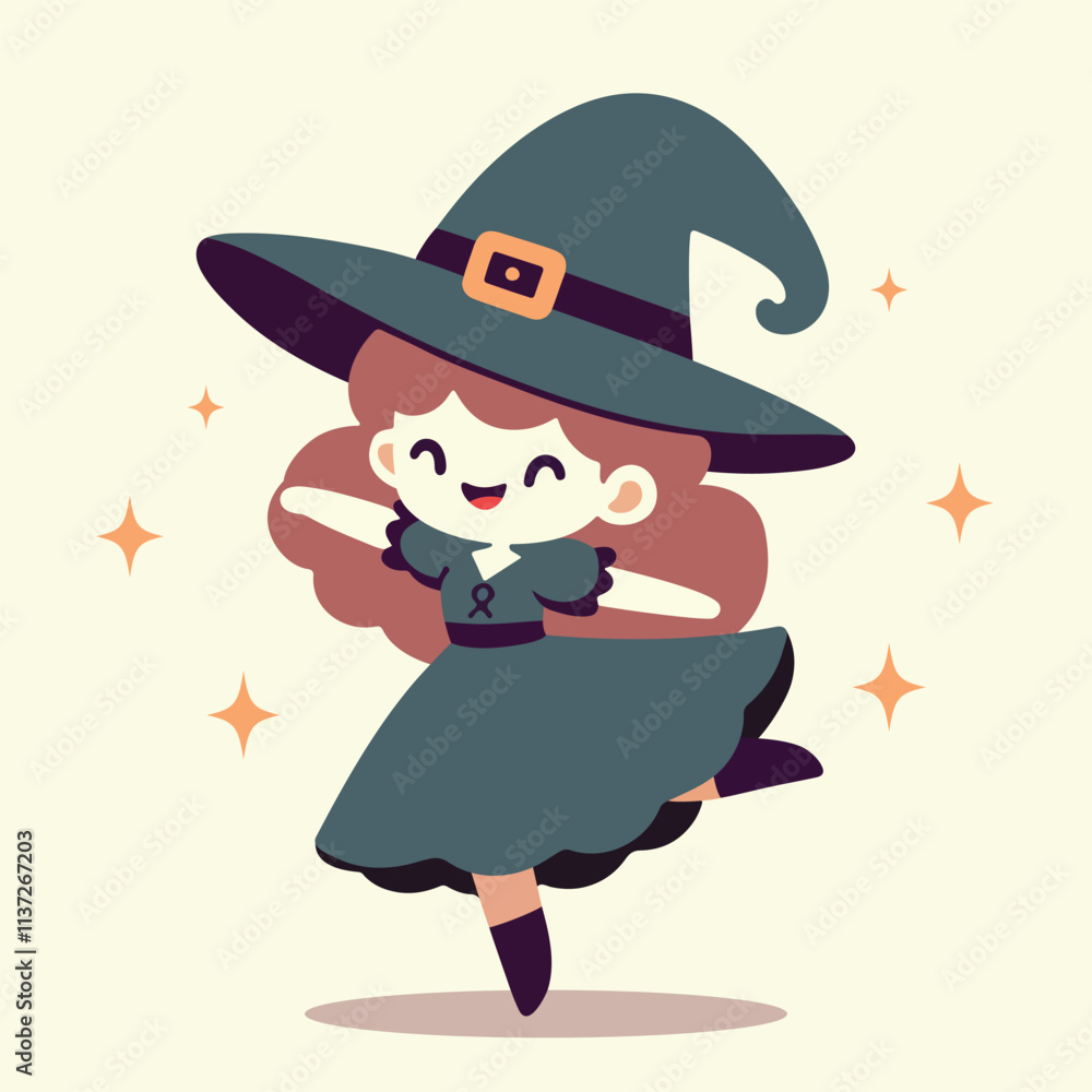 Adorable Young Witch with Long Hair and Magic Hat Flat Vector Art for Halloween Adorable Young Witch with Long Hair and Magic Hat Flat Vector Art for Halloween