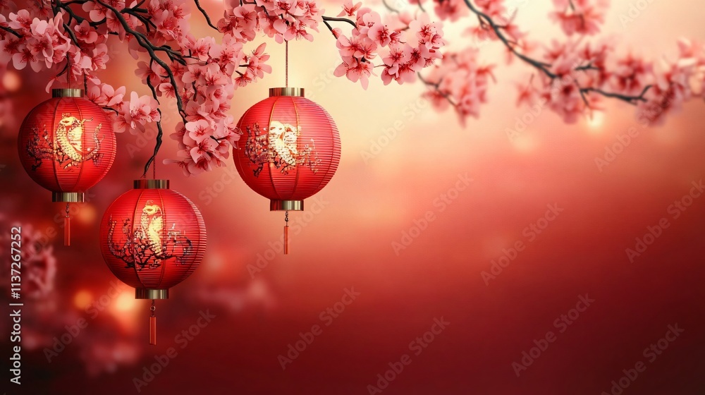 Vibrant red lanterns and pink cherry blossoms create a festive atmosphere for Lunar New Year celebrations, ideal for invitations, decorations, and social media graphics. Vibrant red lanterns and pink cherry blossoms create a festive atmosphere for Lunar New Year celebrations, ideal for invitations, decorations, and social media graphics.