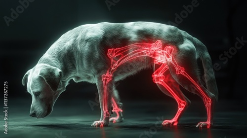 Canine Skeletal System: A Visual Representation of Dog Anatomy with highlighted leg bones in red, showcasing the intricate details of a dog's legs and highlighting potential joint pain or injury.