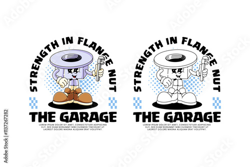 flange nut of fastener equipment retro cartoon character mascot illustration with standing pose and holding wrench spanner tool for garage, workshop, craftsman mascots and merchandise