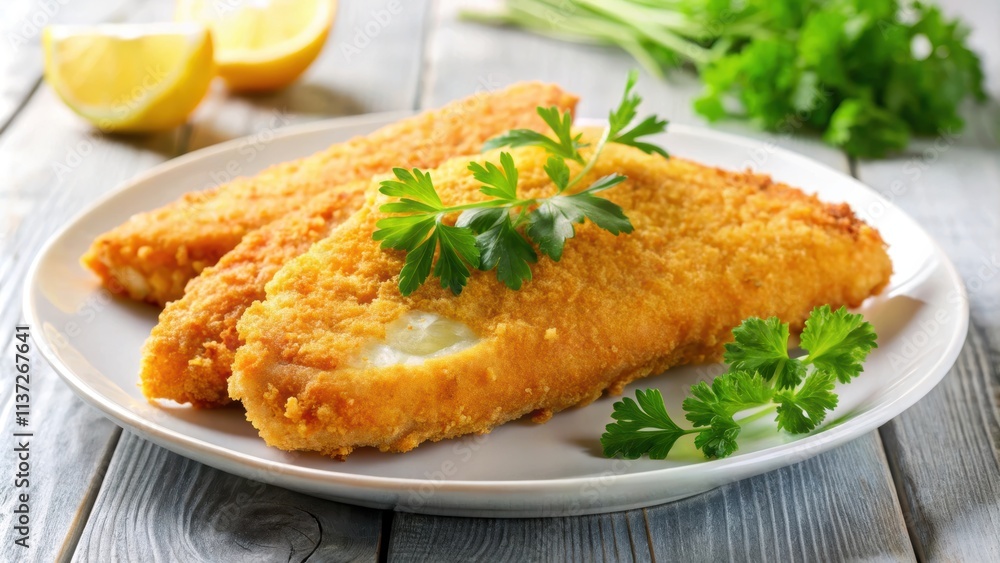 Close-up shot of a crispy fried breaded fish fillet on a white plate , crispy, delicious, seafood, dish, golden, tasty, lunch Close-up shot of a crispy fried breaded fish fillet on a white plate , crispy, delicious, seafood, dish, golden, tasty, lunch