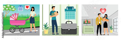 Mother Enjoying a Walk with Baby. Man Holding Baby Near Briefcase. Family maternity paternity leave. Set flat vector modern illustration