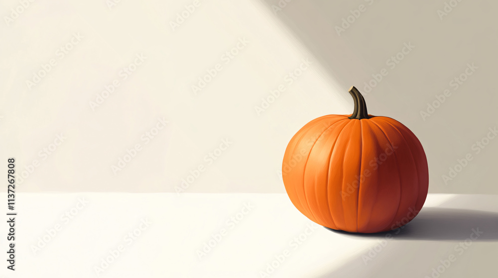 single orange pumpkin on a white surface with sunlight in a minimalist setting single orange pumpkin on a white surface with sunlight in a minimalist setting