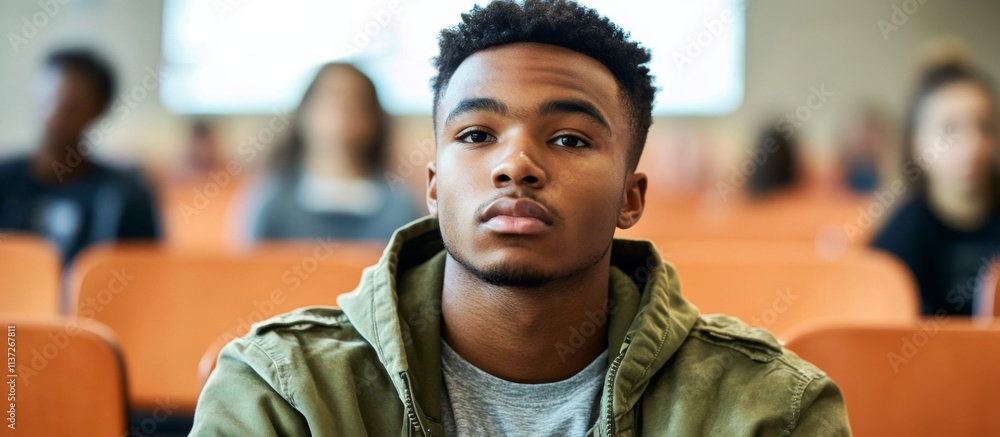 African-American Man Engaged in Lecture Hall Discussion, Surrounded by Attentive Students in Blurred Large Room Setting African-American Man Engaged in Lecture Hall Discussion, Surrounded by Attentive Students in Blurred Large Room Setting